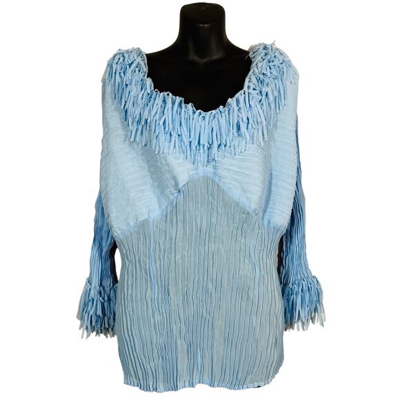 NEW! Kaelyn Max II Fringe Top Sky Blue V Neck Long Sleeve - 2X - Picture 1 of 6